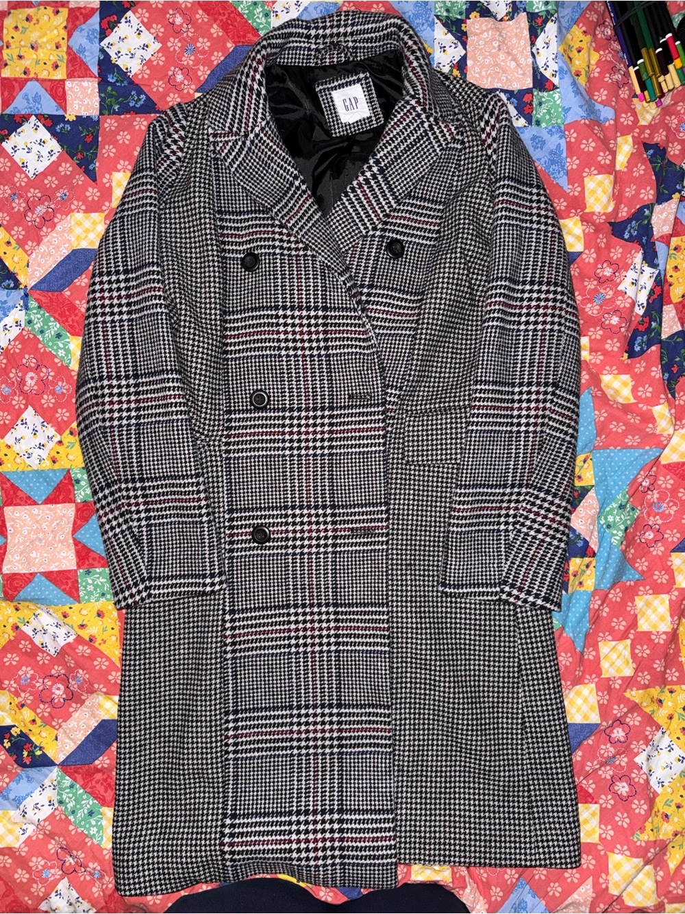 GAP Black & White Glen Plaid Double-Breasted Pea Coat